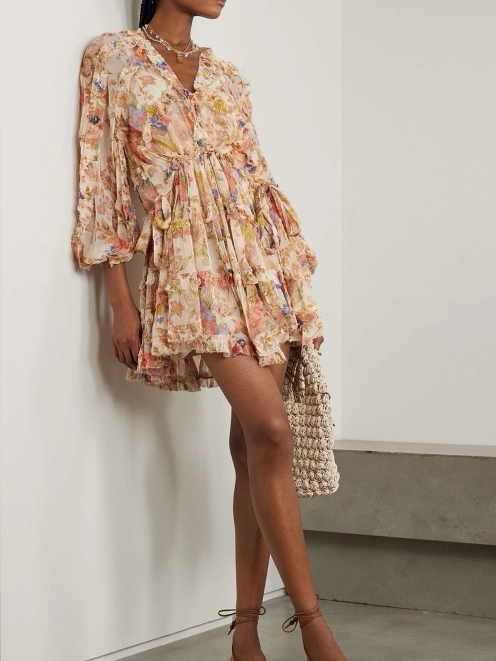 Zimmermann Floral Tiered Mini Dress in Cream and Pastel Florals fits size 0-2 US